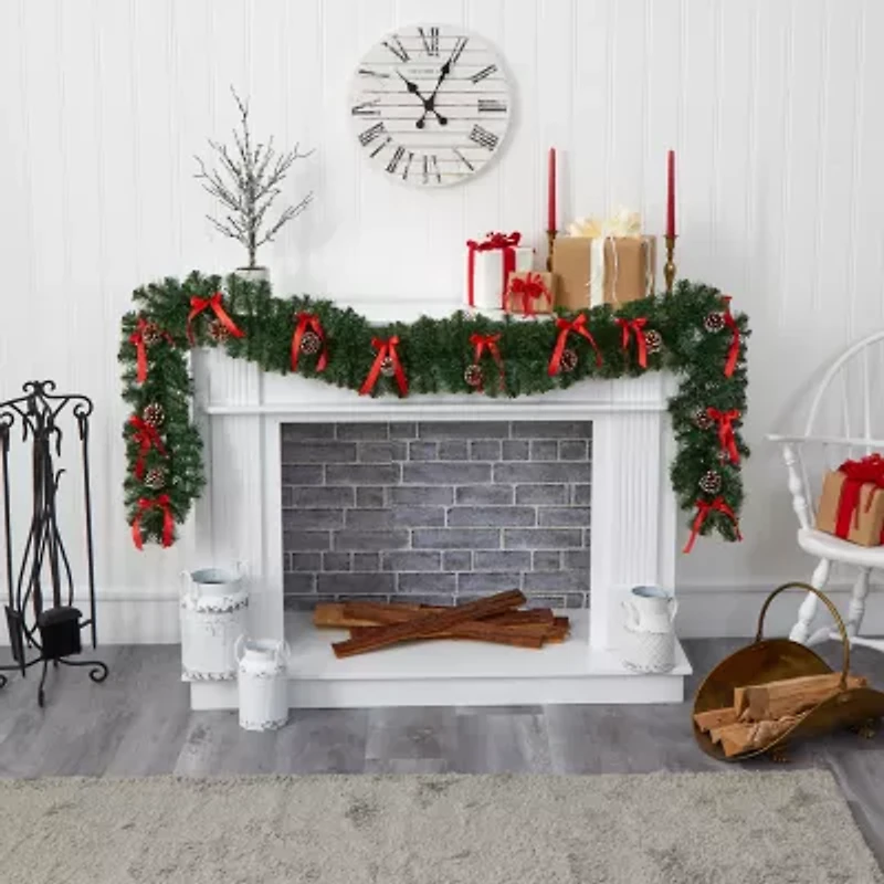 Nearly Natural 9ft. Bow And Pinecone Artificial Garland With 35 Clear Led Lights Pre-Lit Wreath