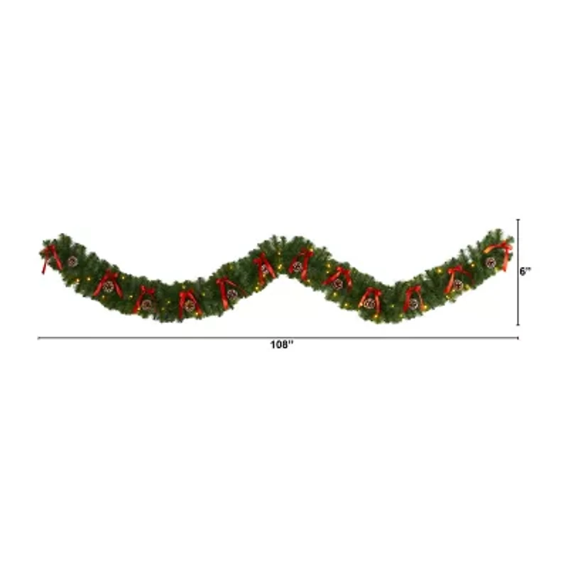 Nearly Natural 9ft. Bow And Pinecone Artificial Garland With 35 Clear Led Lights Pre-Lit Wreath