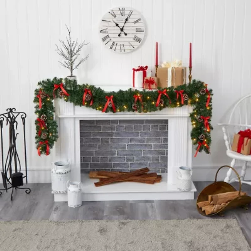 Nearly Natural 9ft. Bow And Pinecone Artificial Garland With 35 Clear Led Lights Pre-Lit Wreath