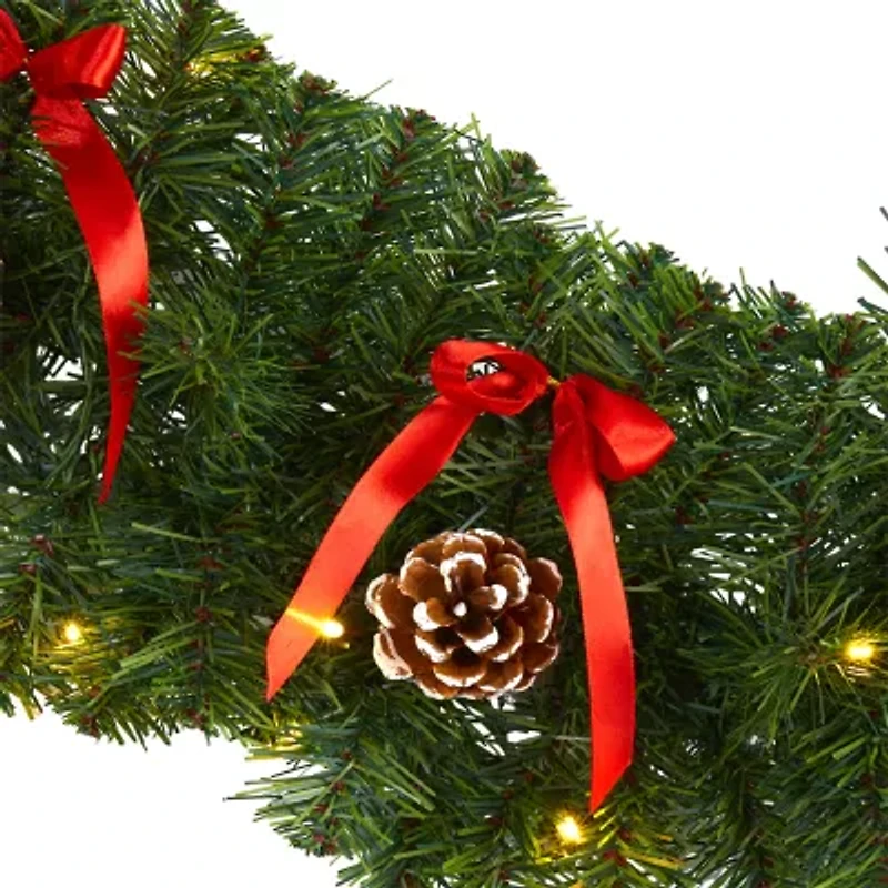 Nearly Natural 9ft. Bow And Pinecone Artificial Garland With 35 Clear Led Lights Pre-Lit Wreath