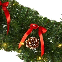 Nearly Natural 9ft. Bow And Pinecone Artificial Garland With 35 Clear Led Lights Pre-Lit Wreath