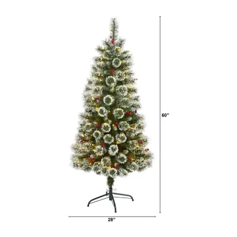 Nearly Natural 5 Foot Flocked Frosted Swiss Pine With Berries And 200 Clear Led Lights Pre-Lit Artificial Christmas Tree