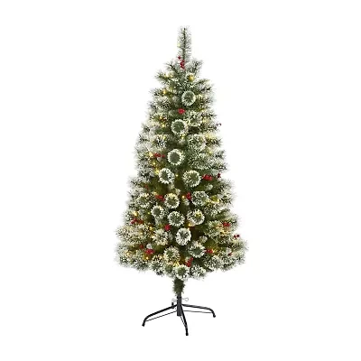 Nearly Natural 5 Foot Flocked Frosted Swiss Pine With Berries And 200 Clear Led Lights Pre-Lit Artificial Christmas Tree