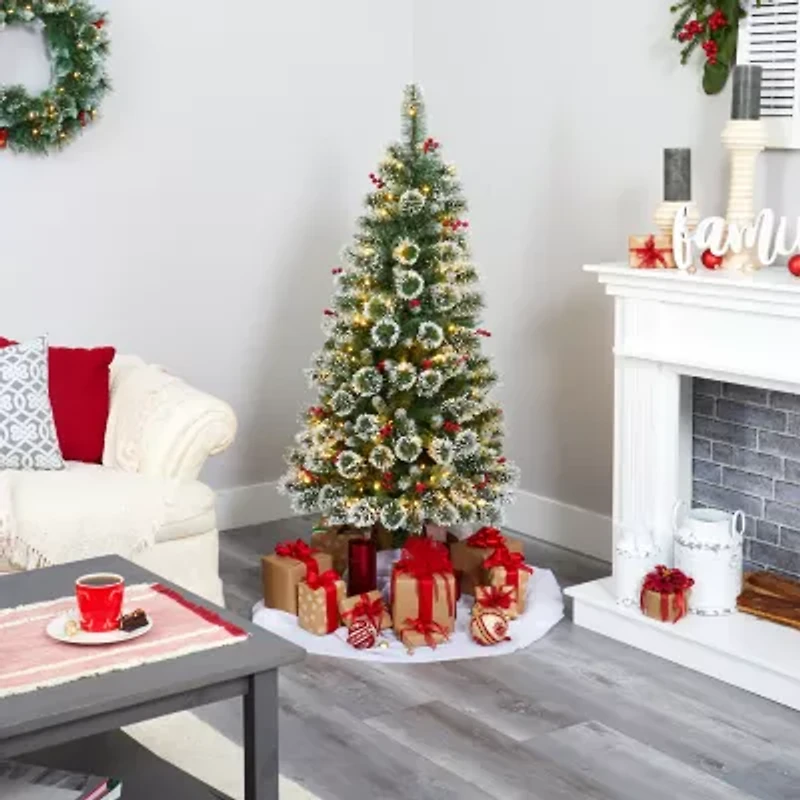 Nearly Natural 5 Foot Flocked Frosted Swiss Pine With Berries And 200 Clear Led Lights Pre-Lit Artificial Christmas Tree
