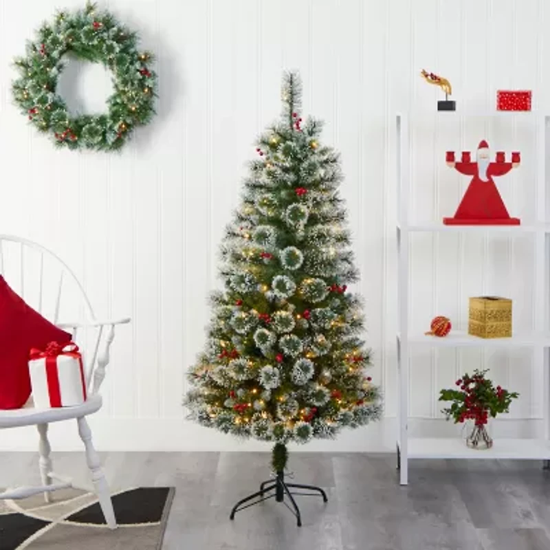 Nearly Natural 5 Foot Flocked Frosted Swiss Pine With Berries And 200 Clear Led Lights Pre-Lit Artificial Christmas Tree