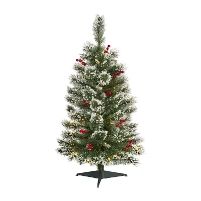 Nearly Natural 3 Foot Flocked Pine Pre-Lit Christmas Tree