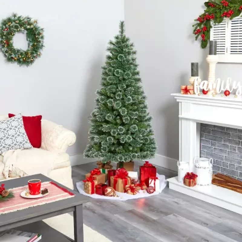 Nearly Natural 6 Foot Flocked Pine Pre-Lit Christmas Tree