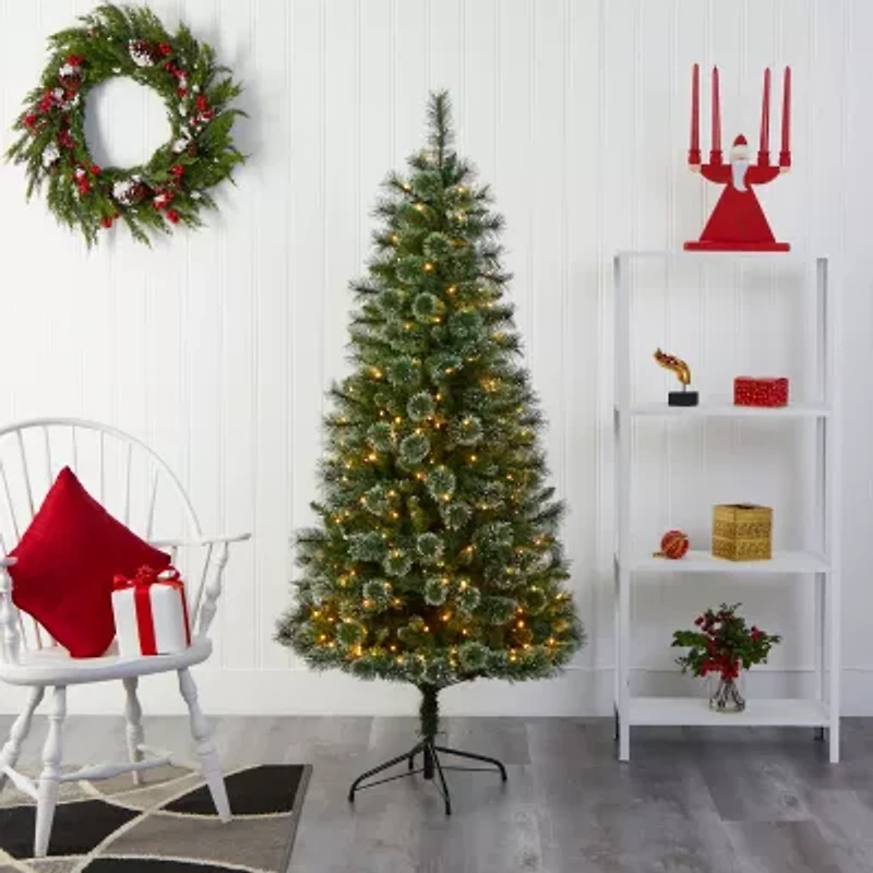 Nearly Natural 6 Foot Flocked Pine Pre-Lit Christmas Tree