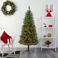 Nearly Natural 6 Foot Flocked Pine Pre-Lit Christmas Tree