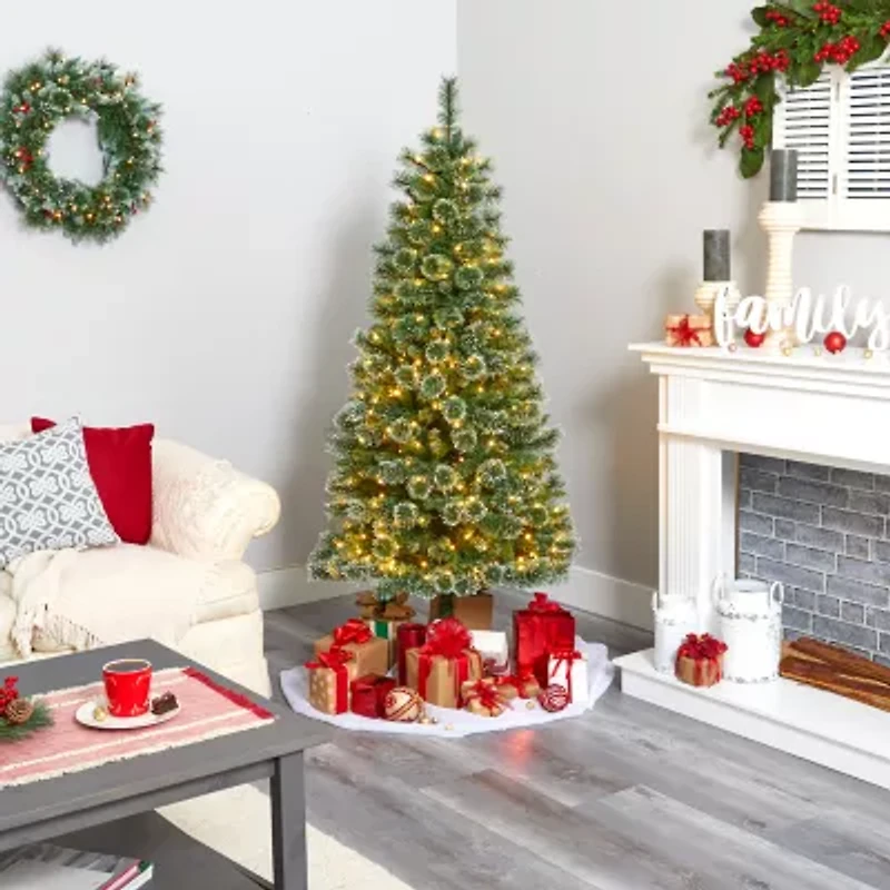 Nearly Natural 6 Foot Flocked Pine Pre-Lit Christmas Tree