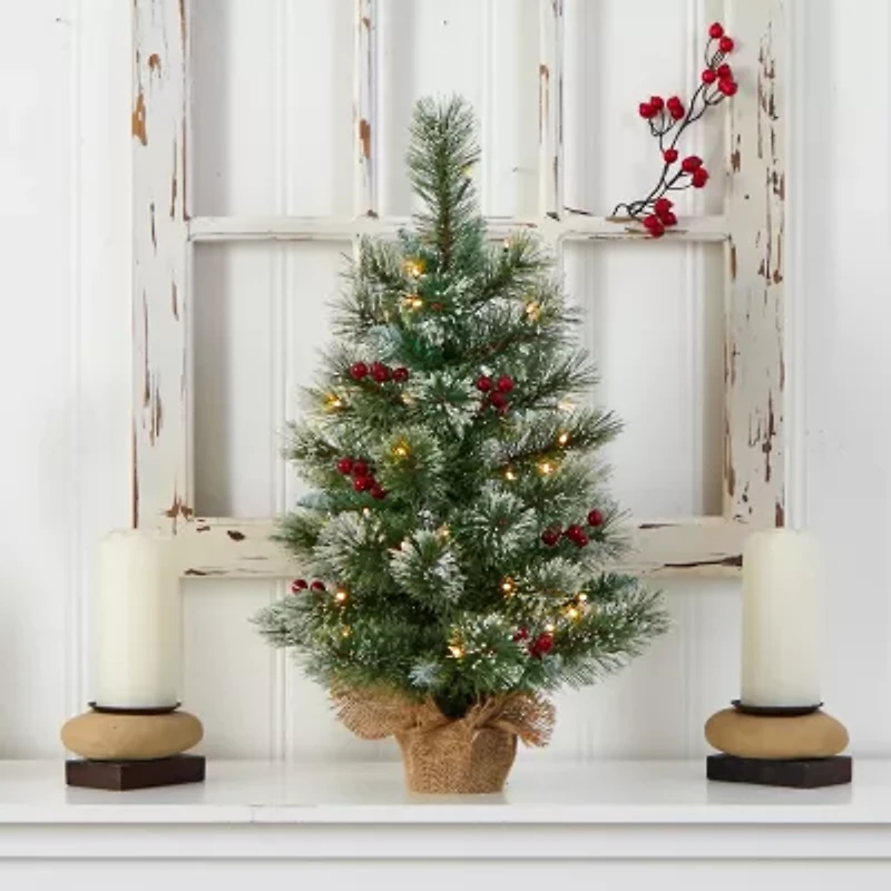 Nearly Natural 2 Foot Flocked Pine Pre-Lit Christmas Tree