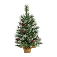 Nearly Natural 2 Foot Flocked Pine Pre-Lit Christmas Tree