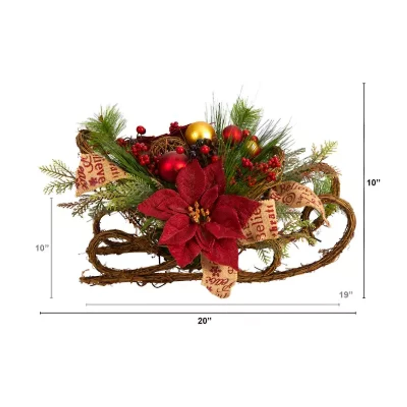 Nearly Natural Poinsettia Sleigh Tabletop Decor