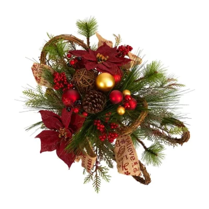Nearly Natural Poinsettia Sleigh Tabletop Decor