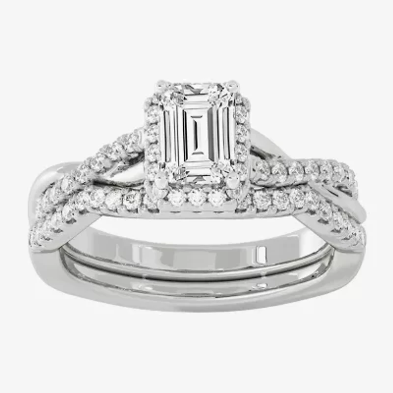 Signature By Modern Bride (H-I / Si1-Si2) Womens 1 1/ CT. T.W. Lab Grown White Diamond 10K Gold Side Stone Halo Bridal Set