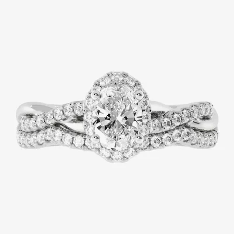 Signature By Modern Bride (H-I / Si1-Si2) Womens 1 1/5 CT. T.W. Lab Grown White Diamond 10K Gold Oval Side Stone Halo Bridal Set