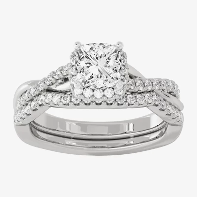 Signature By Modern Bride (H-I / Si1-Si2) Womens 1 1/5 CT. T.W. Lab Grown White Diamond 10K Gold Side Stone Halo Bridal Set