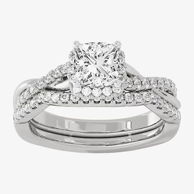 Signature By Modern Bride (H-I / Si1-Si2) Womens 1 1/5 CT. T.W. Lab Grown White Diamond 10K Gold Side Stone Halo Bridal Set