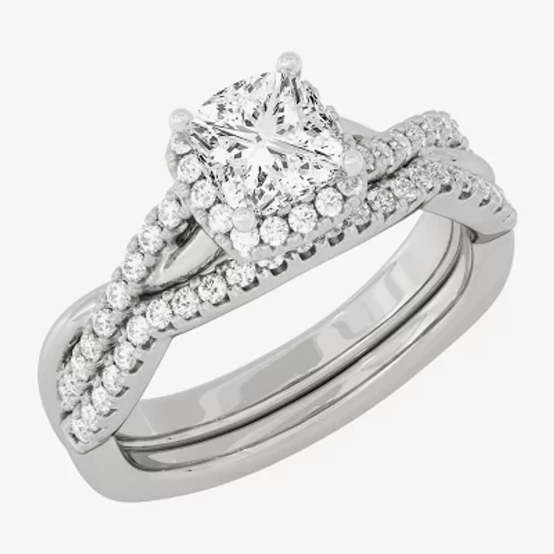 Signature By Modern Bride (H-I / Si1-Si2) Womens 1 1/5 CT. T.W. Lab Grown White Diamond 10K Gold Side Stone Halo Bridal Set