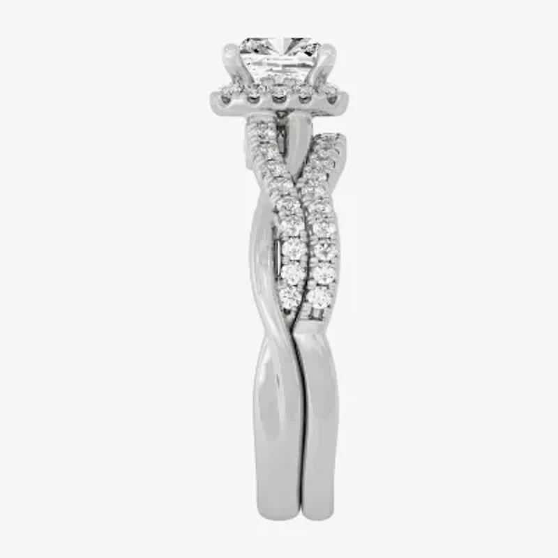 Signature By Modern Bride (H-I / Si1-Si2) Womens 1 1/5 CT. T.W. Lab Grown White Diamond 10K Gold Side Stone Halo Bridal Set