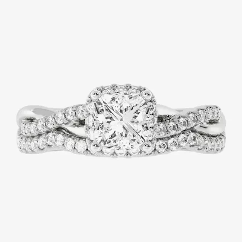 Signature By Modern Bride (H-I / Si1-Si2) Womens 1 1/5 CT. T.W. Lab Grown White Diamond 10K Gold Side Stone Halo Bridal Set