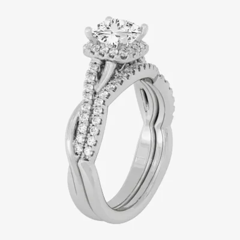 Signature By Modern Bride (H-I / Si1-Si2) Womens 1 1/5 CT. T.W. Lab Grown White Diamond 10K Gold Side Stone Halo Bridal Set