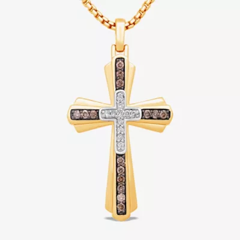 Mens 1/2 CT. T.W. Natural Champagne Diamond 14K Gold Over Silver Sterling Silver Cross 22 Inch Pendant Necklace
