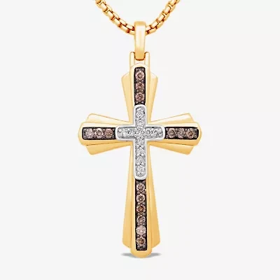 Mens 1/2 CT. T.W. Natural Champagne Diamond 14K Gold Over Silver Sterling Silver Cross 22 Inch Pendant Necklace