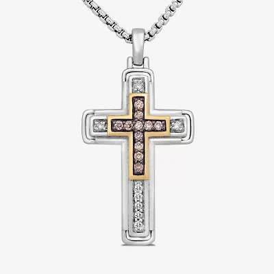 Mens 1/3 CT. T.W. Natural Champagne Diamond 14K Gold Over Silver Sterling Silver Cross 22 Inch Pendant Necklace