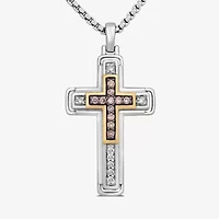 Mens 1/3 CT. T.W. Natural Champagne Diamond 14K Gold Over Silver Sterling Silver Cross 22 Inch Pendant Necklace