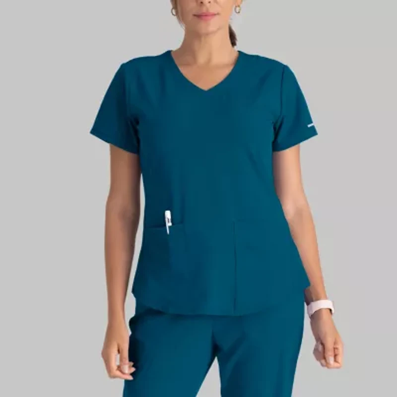 Skechers Sk101 Breeze 3-Pocket Curved Womens V Neck Short Sleeve Tag Free Stretch Fabric Moisture Wicking Scrub Top