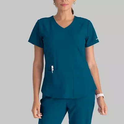 Skechers Sk101 Breeze 3-Pocket Curved Womens V Neck Short Sleeve Tag Free Stretch Fabric Moisture Wicking Scrub Top