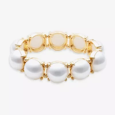 Bold Elements Womens White Simulated Pearl Round Stretch Bracelet
