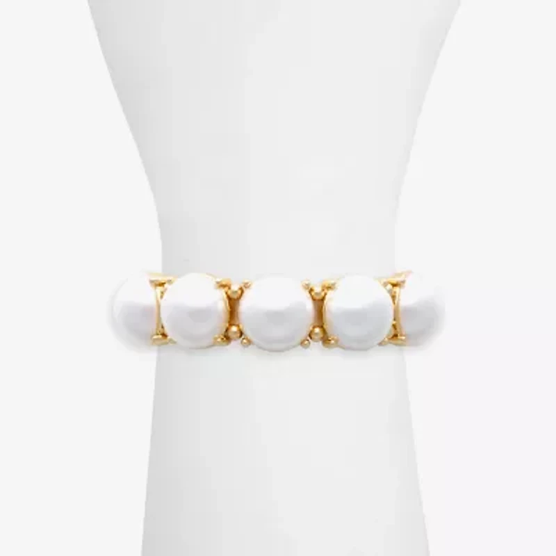 Bold Elements Womens White Simulated Pearl Round Stretch Bracelet