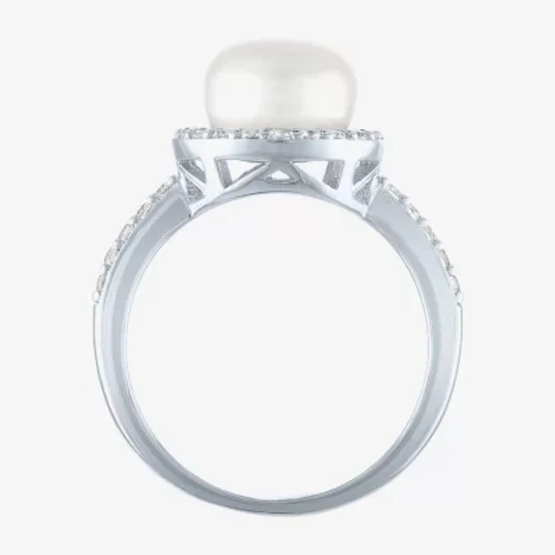 Womens 9MM White Cultured Freshwater Pearl Sterling Silver Round Halo Side Stone Cocktail Ring