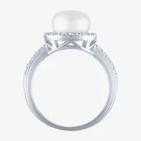 Womens 9MM White Cultured Freshwater Pearl Sterling Silver Round Halo Side Stone Cocktail Ring
