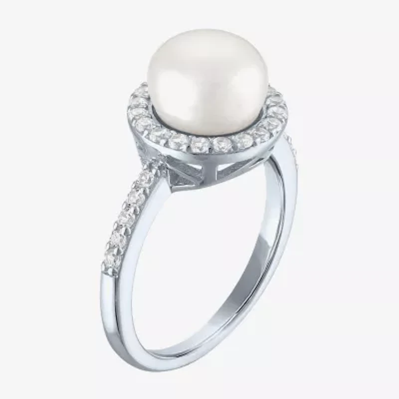 Womens 9MM White Cultured Freshwater Pearl Sterling Silver Round Halo Side Stone Cocktail Ring