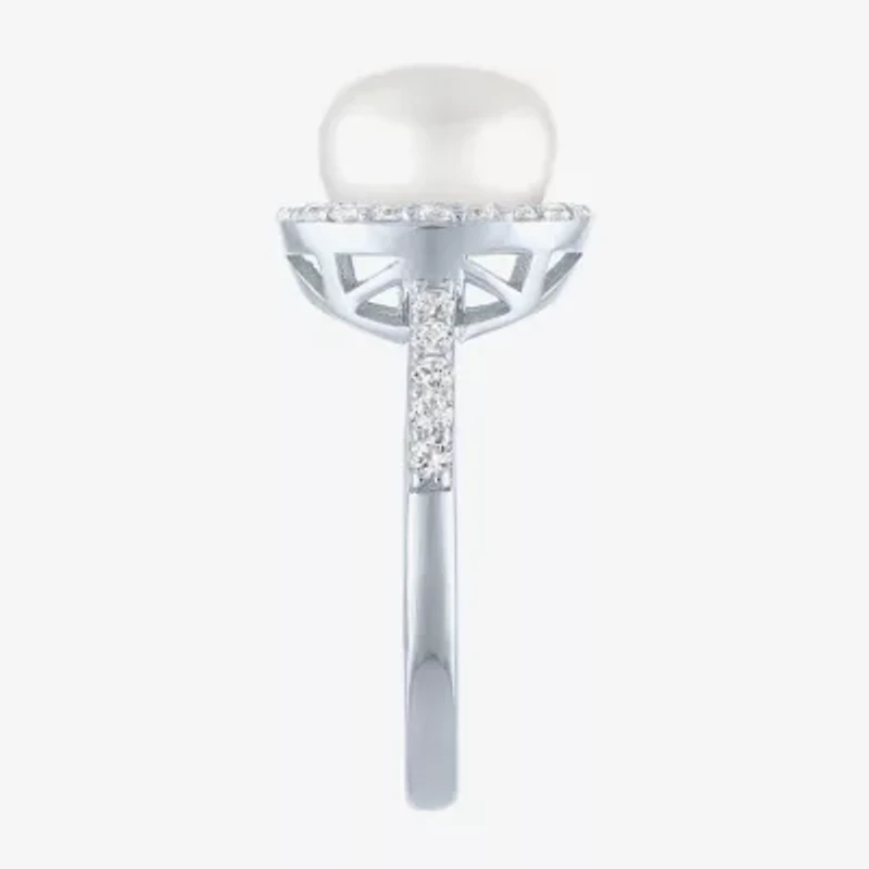 Womens 9MM White Cultured Freshwater Pearl Sterling Silver Round Halo Side Stone Cocktail Ring
