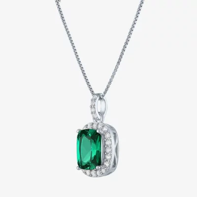 Womens Lab Created Gemstone Sterling Silver Halo Pendant Necklace