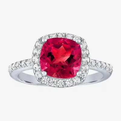 Womens Gemstone Sterling Silver Halo Cushion Cocktail Ring