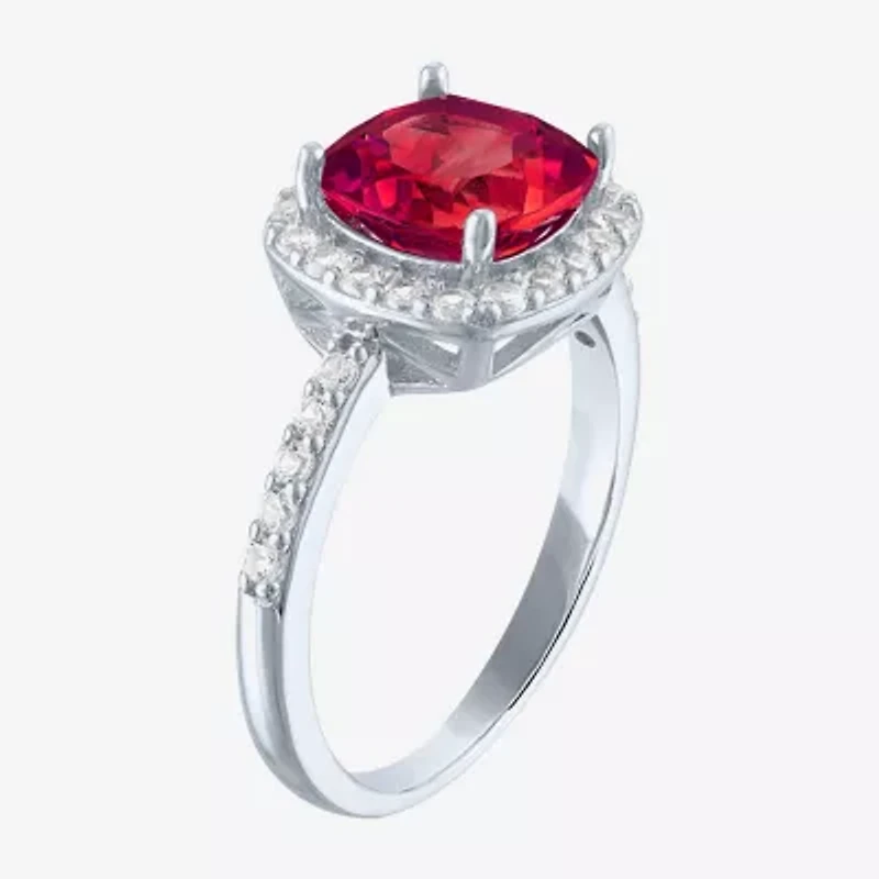 Womens Gemstone Sterling Silver Halo Cushion Cocktail Ring