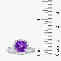 Womens Gemstone Sterling Silver Halo Cushion Cocktail Ring
