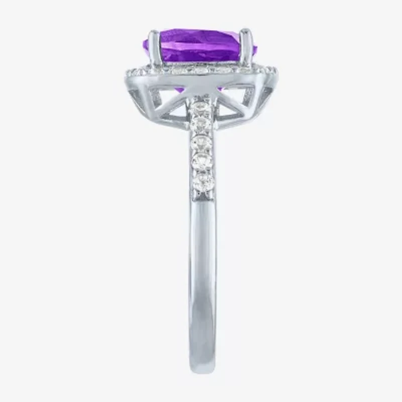 Womens Gemstone Sterling Silver Halo Cushion Cocktail Ring