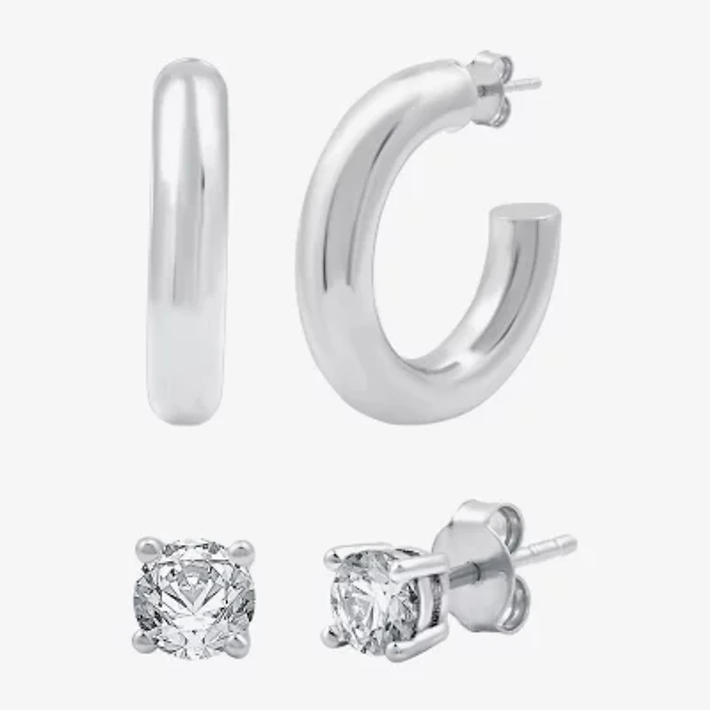 Yes, Please! Womens Lab Created White Sapphire Sterling Silver Round 2 Pair Earring Set