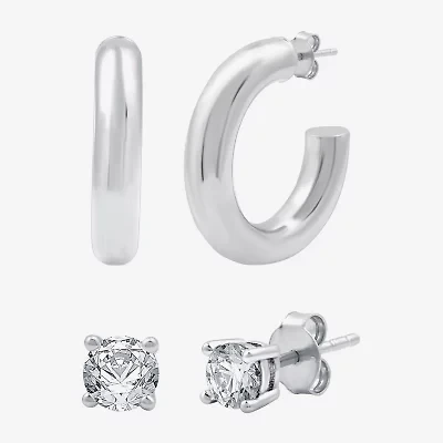 Yes, Please! Womens Lab Created White Sapphire Sterling Silver Round 2 Pair Earring Set