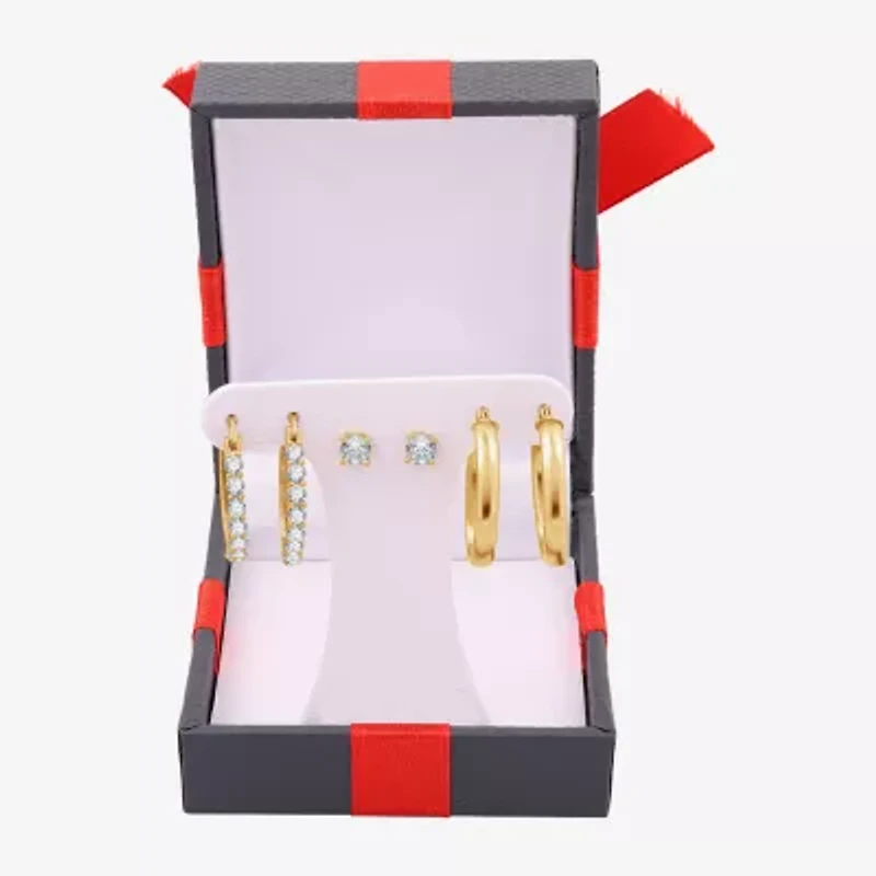 Yes, Please! Womens Lab Created White Sapphire 14K Gold Over Silver Round 3 Pair Earring Set