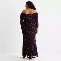 Premier Amour Womens Plus Off The Shoulder Long Sleeve Polka Dot Maxi Dress