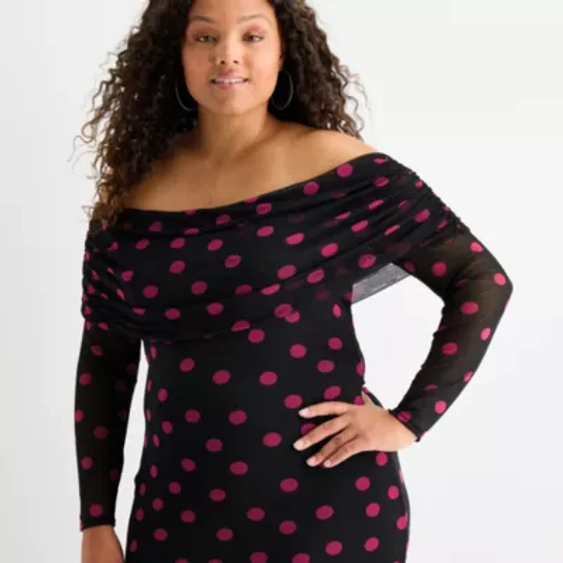 Premier Amour Womens Plus Off The Shoulder Long Sleeve Polka Dot Maxi Dress