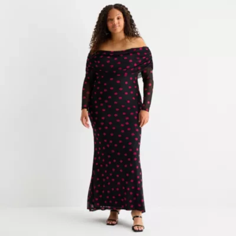 Premier Amour Womens Plus Off The Shoulder Long Sleeve Polka Dot Maxi Dress