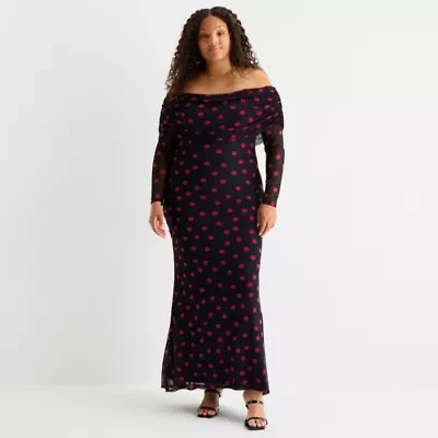Premier Amour Womens Plus Off The Shoulder Long Sleeve Polka Dot Maxi Dress